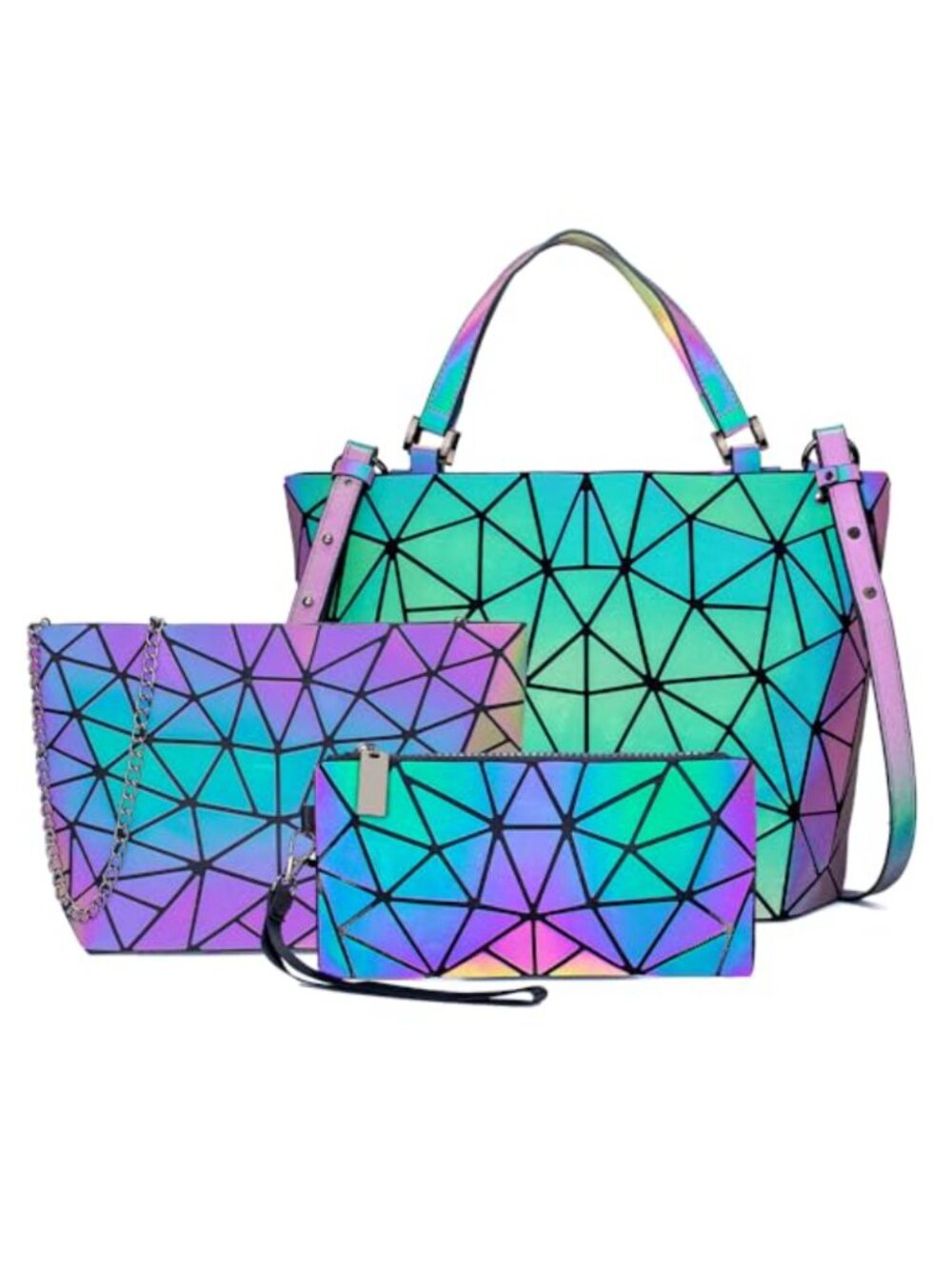 Holographic Geometric Purse Set Synthetic Leather Crossbody Bag